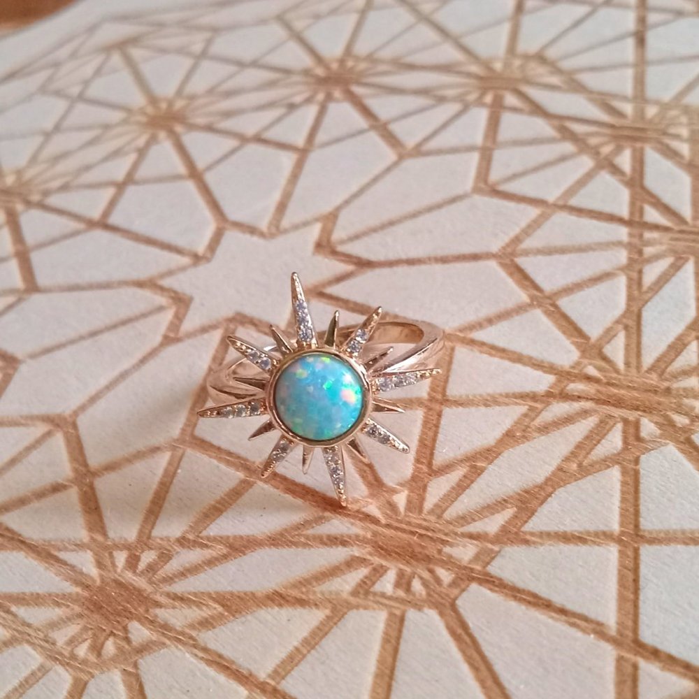 Blue Opal and Gold Sunburst Ring Size 7